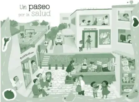Miniatura de la portada del recurso 'Un paseo por la salud': edificio de varios niveles con personas realizando actividades saludables (lavado de dientes, compra de alimentos, ejercicio) en una comunidad.