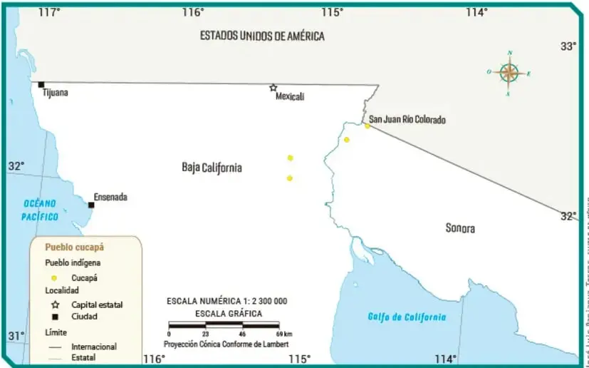 Mapa titulado "Localidades de la comunidad cucapá en Baja California y Sonora": muestra el norte de Baja California y parte de Sonora con puntos amarillos (localidades cucapá) cerca del río Colorado y San Juan Río Colorado; señala Tijuana, Mexicali (capital estatal) y Ensenada; leyenda, escala numérica 1:2 300 000, escala gráfica y proyección cónica conforme de Lambert. Fuente: José Luis Palafox, Tlamatini, México.