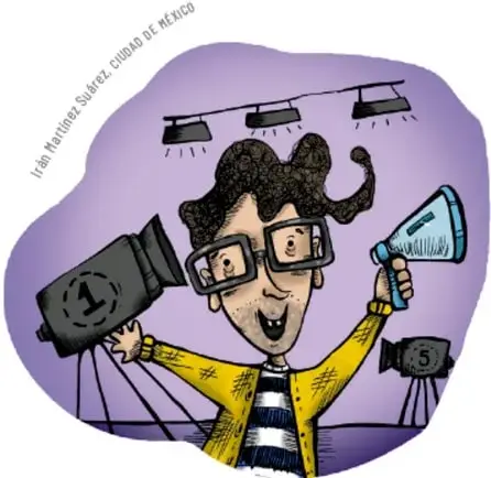Ilustración de un joven con lentes y suéter amarillo sosteniendo una cámara de video y un megáfono, rodeado de reflectores, con la leyenda 'Iván Martínez Suárez, Ciudad de México'.