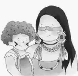 Ilustración de una mujer indígena guaraní con un niño.