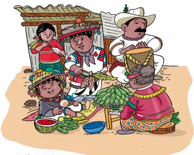 Ilustración de una familia indígena (niños, adultos y personas mayores) preparando alimentos y celebrando frente a una casa rústica, con instrumentos musicales y comida. Crédito: Israel Campos de León, COAHUILA.