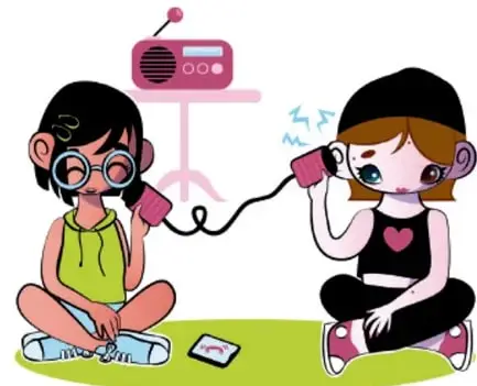 Ilustración de dos niñas comunicándose con un teléfono de lata y hilo, representando la comunicación oral.