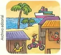 Localidad costera con palmeras, viviendas y un barco en el mar.