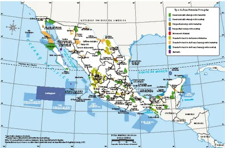Mapa de México con los tipos de Áreas Naturales Protegidas (reservas de la biósfera, parques nacionales, monumentos naturales, santuarios, áreas de protección de flora y fauna) señalados con distintos colores y su leyenda superior derecha.