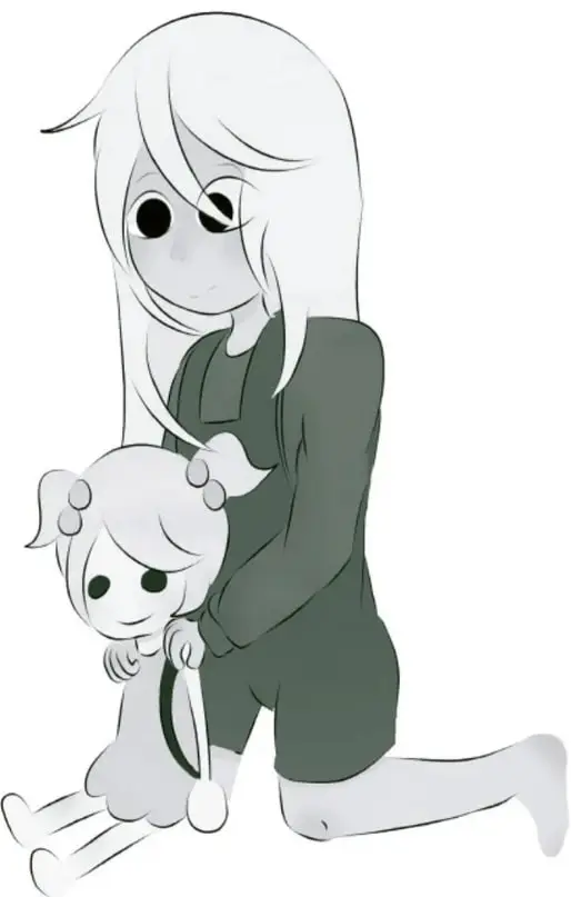 Ilustración de una niña de cabello blanco y vestido verde que abraza y consuela a un niño pequeño de cabello blanco que sostiene un osito de peluche; ambos con expresión de tristeza y ternura. Crédito: Angélica Isabel Pérez Medina, Tamaulipas.