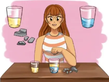 Ilustración de una joven en una mesa con vasos que contienen líquidos separados y piedras, preparando mezclas heterogéneas.