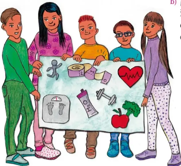 Ilustración de cinco niños de primaria sosteniendo una lámina con dibujos de una balanza, una cinta métrica, un frasco, una mancuerna, una manzana, un brócoli, una botella de agua, un corazón con línea de electrocardiograma y una figura humana. Crédito: Lola Pelayo.