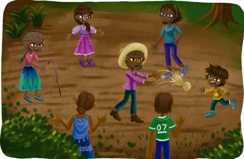 Ilustración de una escena de juego tradicional al aire libre: una abuelita con bastón, una niña de vestido morado, un señor con sombrero lanzando un pito de paja, un niño pequeño corriendo a alcanzarlo y otras niñas y niños participando en un camino de tierra con matorrales; firmado Armando Amezcua Mora, Guanajuato.