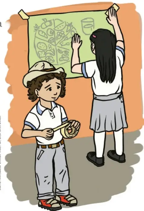 Ilustración de dos estudiantes de primaria colocando un cartel en la pared; el cartel muestra dibujos de alimentos y un plato dividido en porciones.