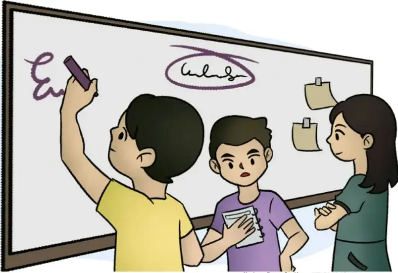 Ilustración de tres estudiantes frente a un pizarrón: uno escribe con plumón morado, otro sostiene una libreta y una tercera observa; hay notas adhesivas pegadas en el pizarrón.