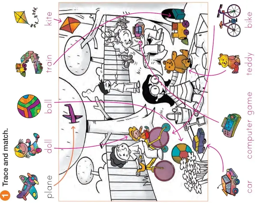 Ilustración de una habitación con juguetes: avión, muñeca, pelota, tren, cometa, bicicleta, osito, consola, coche.