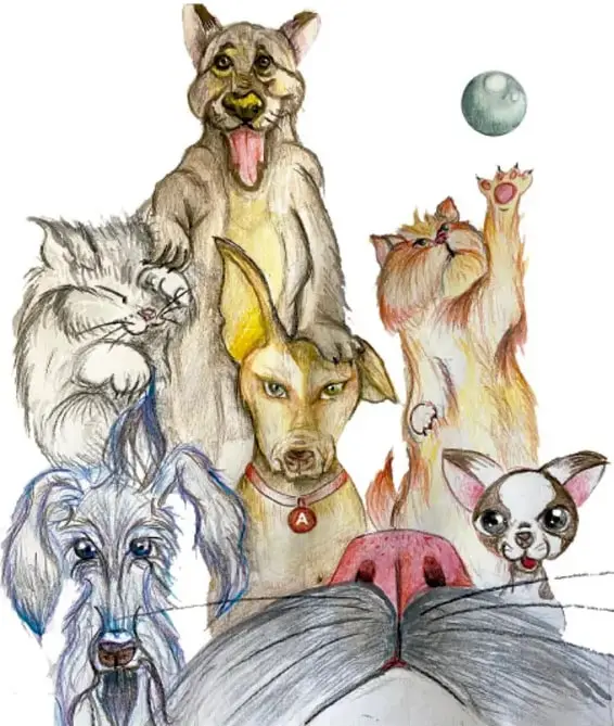 Ilustración de varios perros y gatos de distintas razas reunidos, algunos jugando con una pelota, junto a un libro abierto.