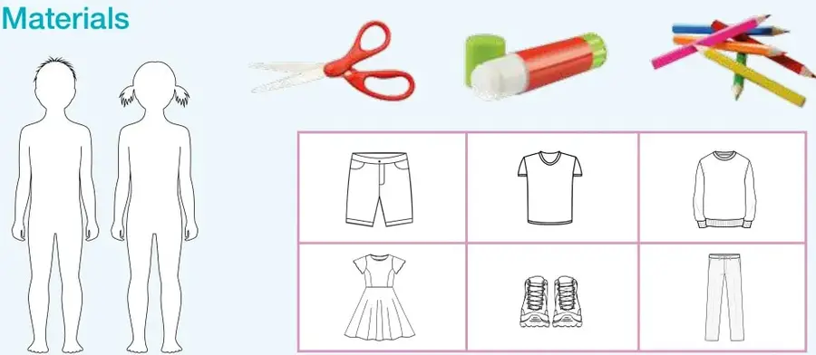 Siluetas de un niño y una niña para pegar la ropa recortada.
