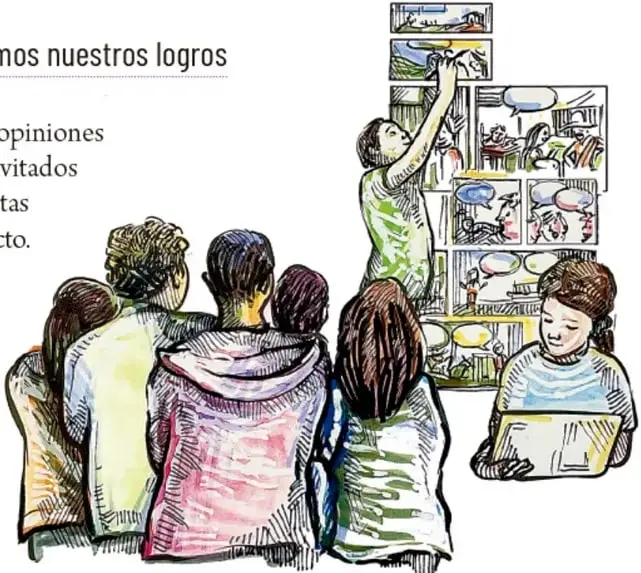 Ilustración de un grupo de estudiantes sentados de espaldas observando un mural con dibujos y fotografías; una estudiante de pie señala el mural y otra compañera sentada toma notas en una laptop.