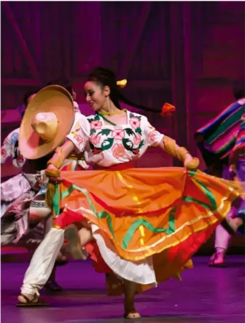 Fotografía de una bailarina con vestido tradicional de colores vivos (naranja, verde, blanco) y un sombrero grande, acompañada de otros bailarines en un escenario con fondo morado. Representa una danza folclórica mexicana.