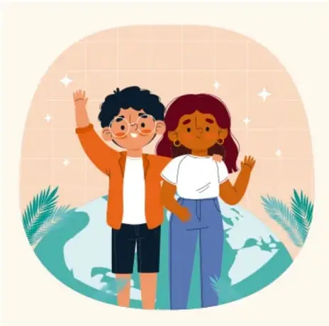 Ilustración de dos niños con los brazos levantados sobre un globo terráqueo, rodeados de plantas y estrellas.