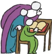 Ilustración de Julio César Banda Tecalco, Veracruz: un adulto inclinado sobre un escritorio trabajando, acompañado de otro personaje.