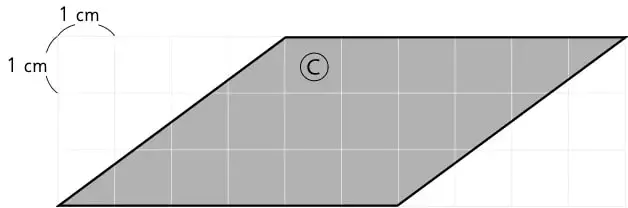 Paralelogramo gris rotulado C más alargado sobre cuadrícula, con marcas de 1 cm.