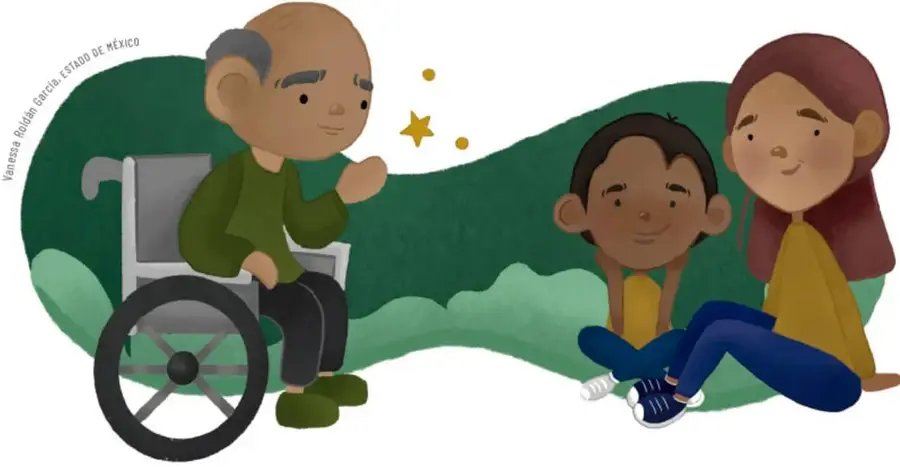 Ilustración de tres personas conviviendo: un adulto mayor en silla de ruedas, un niño y una joven sentados sobre un fondo verde con estrellas, representando la convivencia pacífica entre generaciones.
