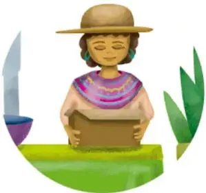 Ilustración de una niña con cabello afro llevando un libro, con plantas.