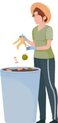Mujer con sombrero que deposita cáscaras de plátano y una manzana en un bote de basura azul.