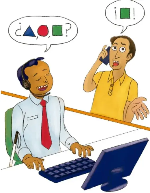 Ilustración de dos entrevistadores: un hombre con diadema y micrófono frente a una computadora (encuesta telefónica o por internet) y otro al teléfono con un globo de diálogo que muestra figuras geométricas (triángulo, círculo y cuadrado); crédito de José Santiago Mejía Gutiérrez, Ciudad de México.