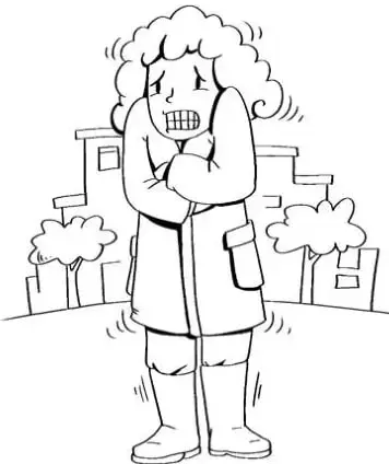 Ilustración en blanco y negro de una niña con expresión de frío, tiritando con los brazos cruzados, junto a un edificio y árboles en un ambiente invernal.