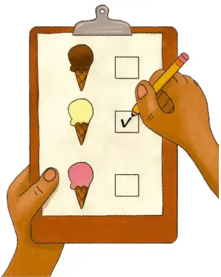 Ilustración de un portapapeles con una encuesta de tres helados (café, vainilla y rosa) con casillas para marcar; una mano palmeada marca con lápiz la casilla del helado de vainilla.