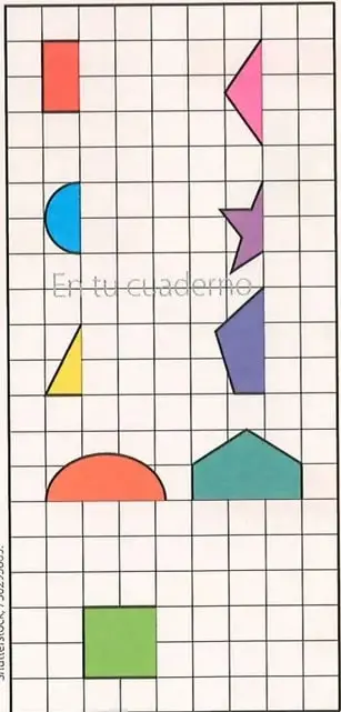 Cuadrícula con varias figuras coloreadas que deben completarse mediante simetría.