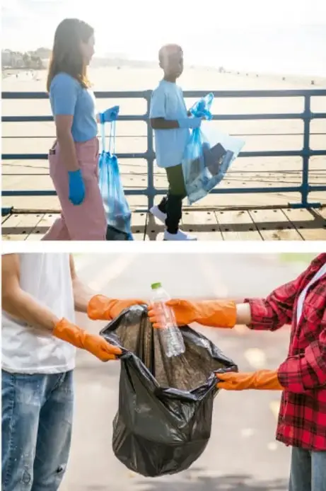 Dos personas, una mujer joven y un niño, caminan junto a una baranda con bolsas de plástico azules, posiblemente recogiendo basura.
