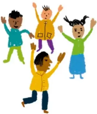 Ilustración de cuatro niños de diferentes tonos de piel con los brazos en alto, celebrando o participando en una dinámica. Crédito: Cuauhtémoc Wetzka, VERACRUZ.