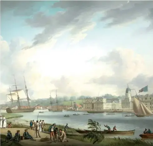 Pintura histórica que muestra un puerto con barcos, edificios y personas en la orilla, probablemente representando una ciudad colonial o europea del siglo XVIII.
