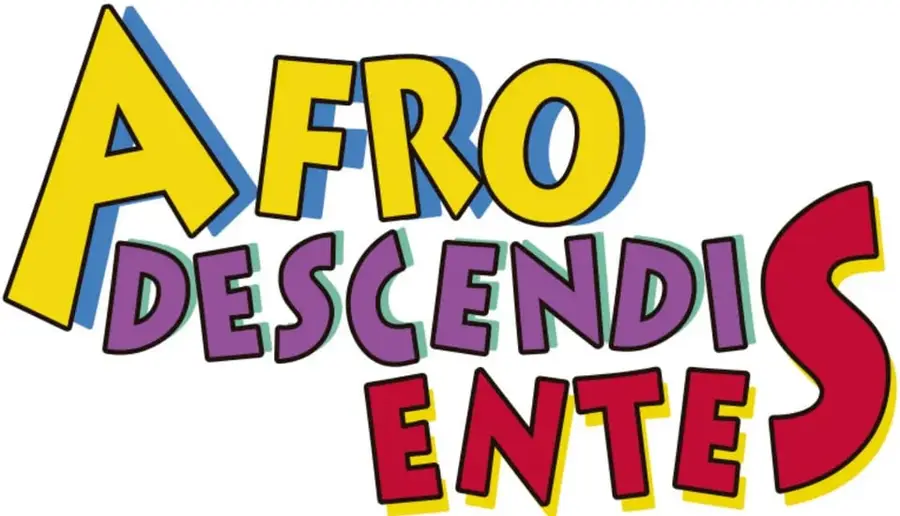 Título decorativo AFRODESCENDIENTE en letras grandes amarillas, moradas y rojas.
