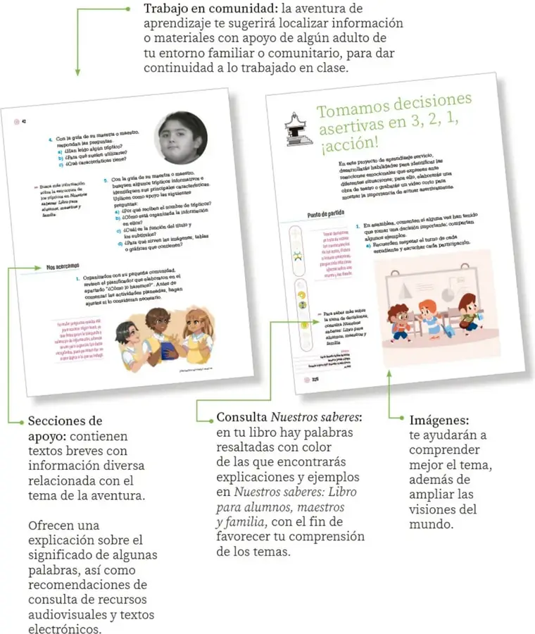 Flecha verde que señala el texto sobre trabajo en comunidad.