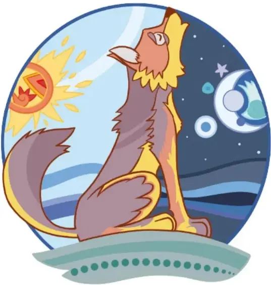 Ilustración circular del lobo padre aullando hacia la Luna entre la noche y un sol estilizado con figuras.