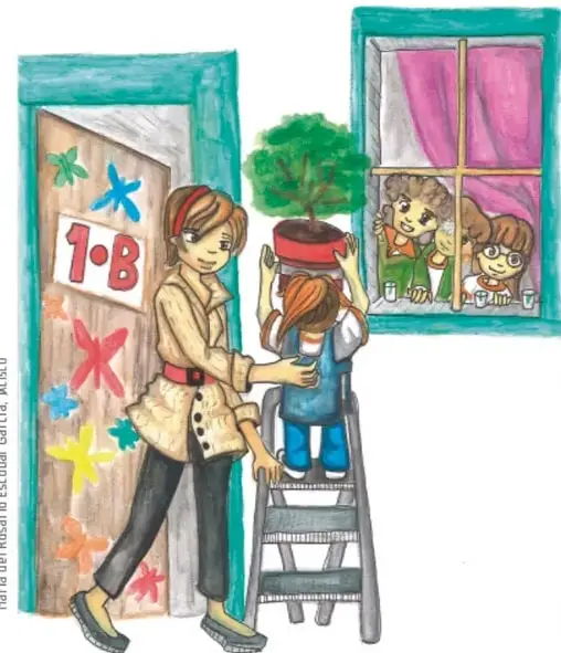 Ilustración de una maestra y una alumna subida a una escalera colocando una planta en la puerta del salón 1-B; otros niños observan desde la ventana.