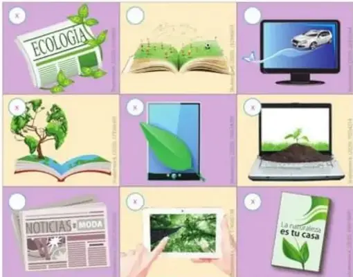 Mosaico 3x3 de elementos: revista 'Ecología', libro abierto con planta, computador, mapa, tablet, ordenador con brote, periódico 'Noticias Moda', tablet con bosque, folleto 'La naturaleza es tu casa'.