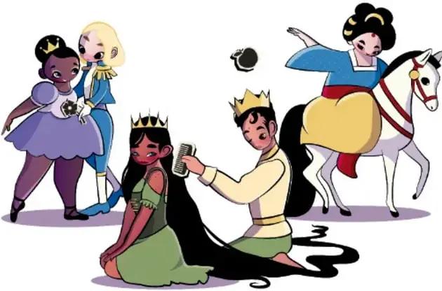 Ilustración de personajes de cuentos infantiles: una princesa de piel oscura con vestido morado, una princesa rubia de vestido azul, una joven de cabello largo negro sentada en el suelo, un joven con corona peinándola y una princesa montada a caballo. Representan roles de género no tradicionales.
