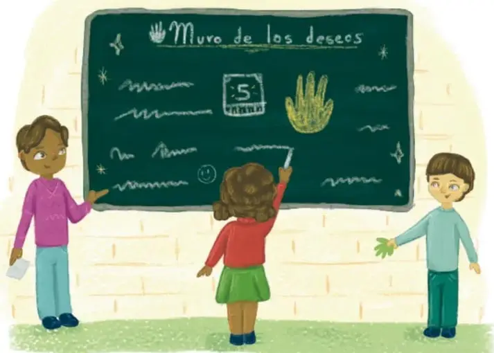 Ilustración de tres niños frente a un pizarrón verde titulado 'Muro de los deseos'. Una niña escribe con gis, un niño señala el pizarrón y otro observa. En el pizarrón hay garabatos, una mano dibujada y una casilla con el número 5. Crédito de ilustración: Vivian Liscerle Esquivel Martínez.
