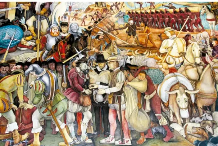 Mural o pintura colonial que representa una escena de comercio y vida cotidiana en la Nueva España. Se observan personajes españoles e indígenas, caballos, carretas, mercancías y un ambiente de mercado o plaza. Al fondo hay edificios coloniales y un paisaje montañoso. La obra ilustra el mestizaje y el intercambio comercial de la época.