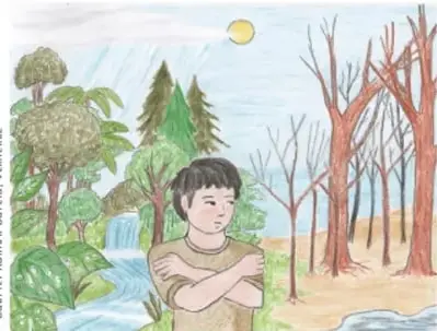 Ilustración de un niño abrazándose con frío frente a un bosque en distintas condiciones ambientales.