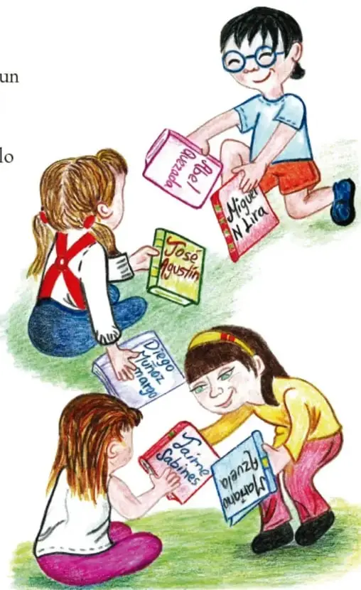 Ilustración de tres estudiantes sentados en el suelo leyendo libros. En las portadas se leen nombres como 'José Agustín', 'Mujer en lluvia', 'Diego Muñoz', 'Zaira Sabines' y 'Pablo Antonio'.