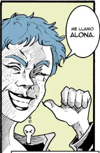 Tres viñetas con primeros planos de Alona y Eldon; Alona se presenta y una cartela invita a imaginar la continuación.