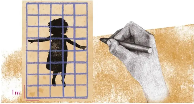 Ilustración de Rosana Mesa Zamudio (Puebla): silueta de una niña sobre una cuadrícula de $1 \, \text{m}$ por cuadro, con una mano que sostiene un lápiz; indica la escala $1 \, \text{m}$.