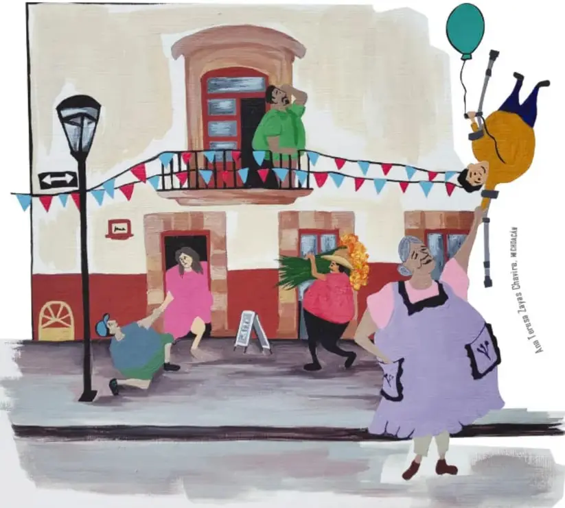 Pintura de una calle festejada con banderines rojos y azules: personas redondas y gordas salen de una casa; una abuela enorme en vestido lila camina al frente y un hombre inflado flota agarrado a un globo verde azulado con sus muletas; una mujer con una canasta de flores entra por la puerta. Firma vertical: «Ana Laura Ayala Chávez, Michoacán».