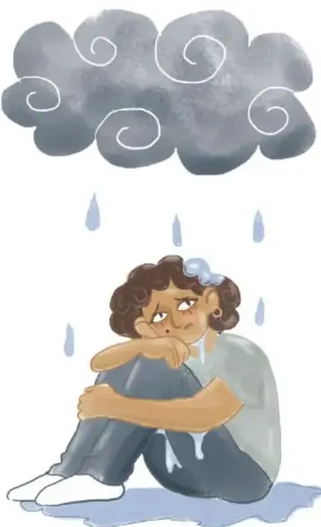 Ilustración de una persona sentada, abrazando las rodillas bajo una nube de lluvia, representando la vulnerabilidad.