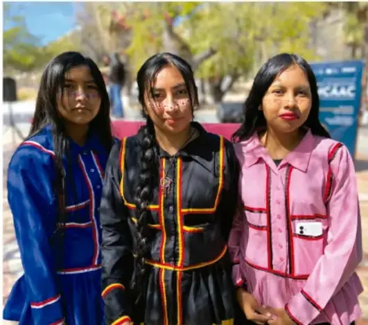 Fotografía de tres mujeres seris jóvenes con vestidos tradicionales (azul, negro y rosa) con apliques de colores y peinetas en el pelo, al aire libre.
