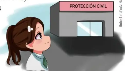 Ilustración de una estudiante frente a un edificio rotulado 'PROTECCIÓN CIVIL', representando la visita a la autoridad local de prevención.