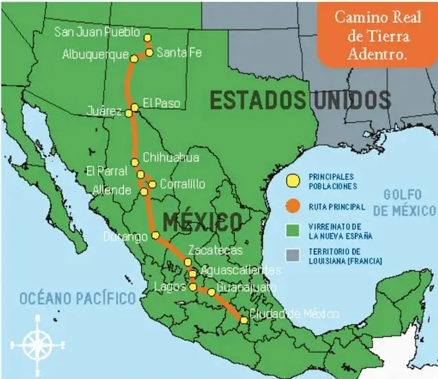 Mapa del Camino Real de Tierra Adentro desde la Ciudad de México hasta Santa Fe, con principales poblaciones, el virreinato de la Nueva España, el territorio de Luisiana (Francia) y el golfo de México.