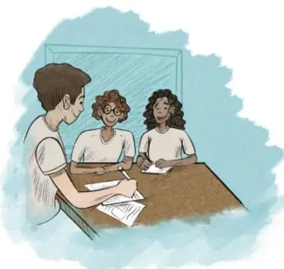Ilustración de tres estudiantes trabajando en equipo alrededor de una mesa con documentos; crédito: Irán Martínez Suárez, Ciudad de México.